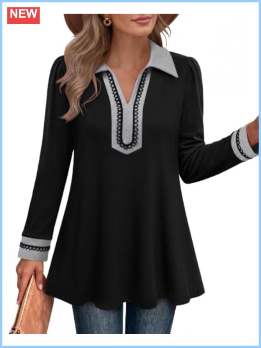 Women's Long Sleeve Tunic Top Collared V Neck Loose Fit Pullover Blouse